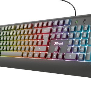 Trust Gaming Ziva Teclado USB - Iluminacion LED Multicolor - 12 Teclas Multimedia - Diseño Robusto - Cable de 1.50m - Color Negro