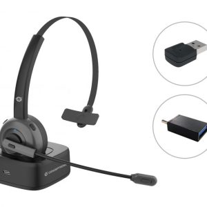 Conceptronic Auricular Mono Bluetooth con Microfono Giratorio y Flexible - Cancelacion de Ruido - Adaptador de Audio Bluetooth - Adaptador USB-C a USB-A