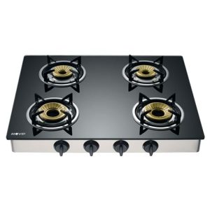 Muvip Cocina de Gas Inox 4 Fuegos - Cristal Templado - Encendido Piezoelectrico - Quemador de Hierro Fundido Desmontable