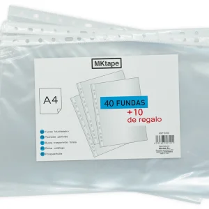 MKtape Pack de 50 Fundas Multitaladro Portadocumentos - Formato A4 - 0.5 Micras - Color Transparente