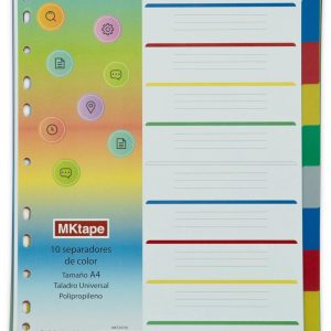 Mktape Pack de 10 Separadores - Tamaño A4 - Taladros Universales - Fabricado en Propileno - Color Variados