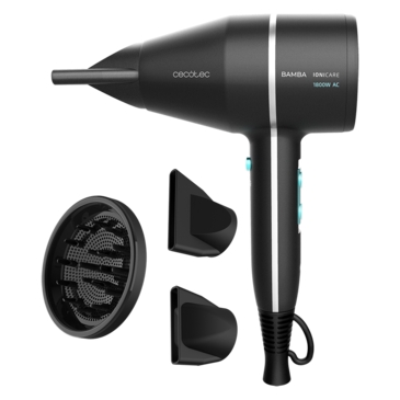Cecotec Bamba IoniCare 5500 PowerStyle Black Secador de Pelo 1800W - Motor AC - Potente Caudal de Aire - Iones Reales - Sistema Perfect Colour - Difusor y Accesorios Profesionales