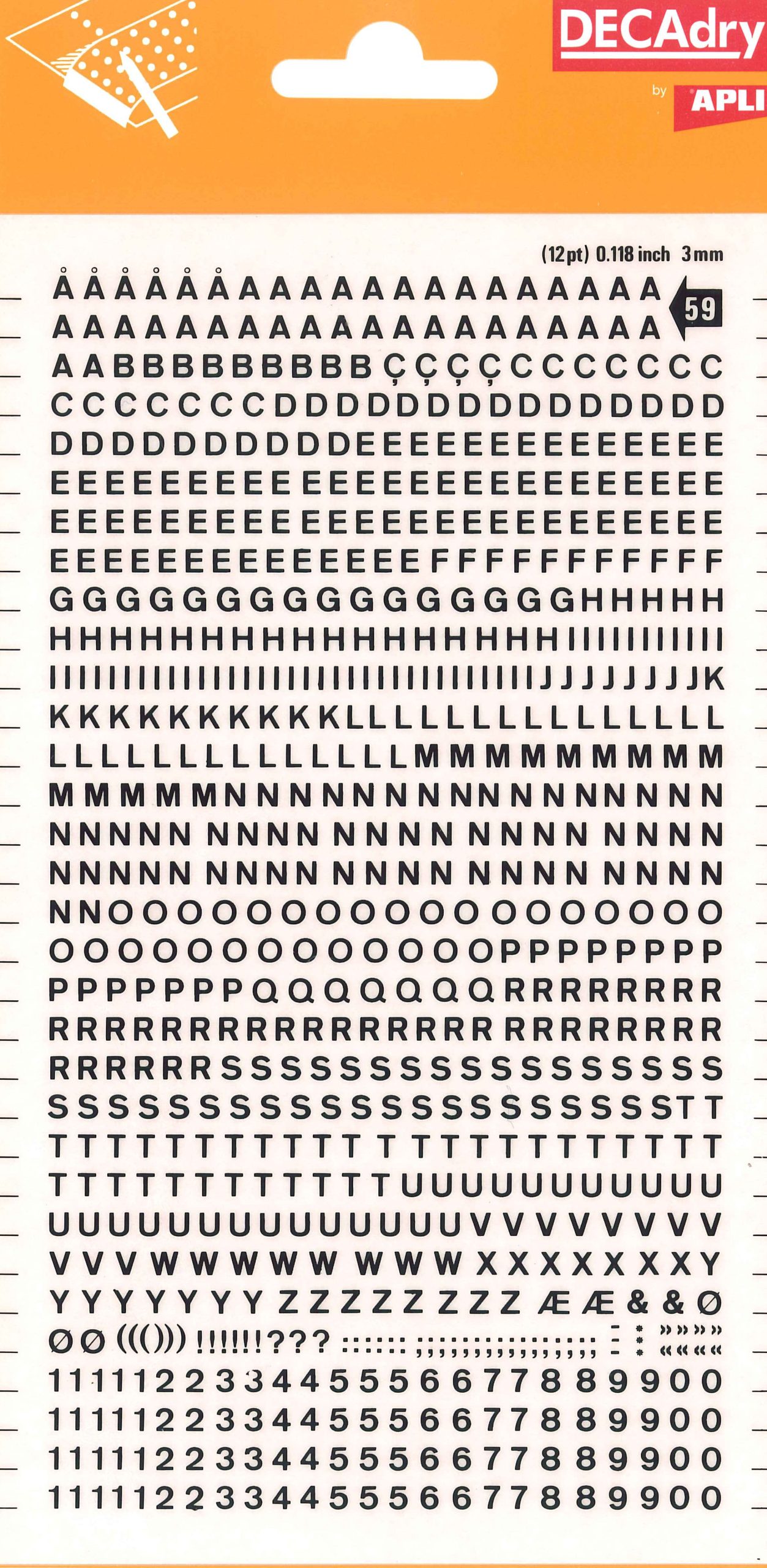 Apli Letras y Numeros Transferibles - 3mm de Tamaño - 795 Caracteres - Facil Aplicacion y Remocion - Negro