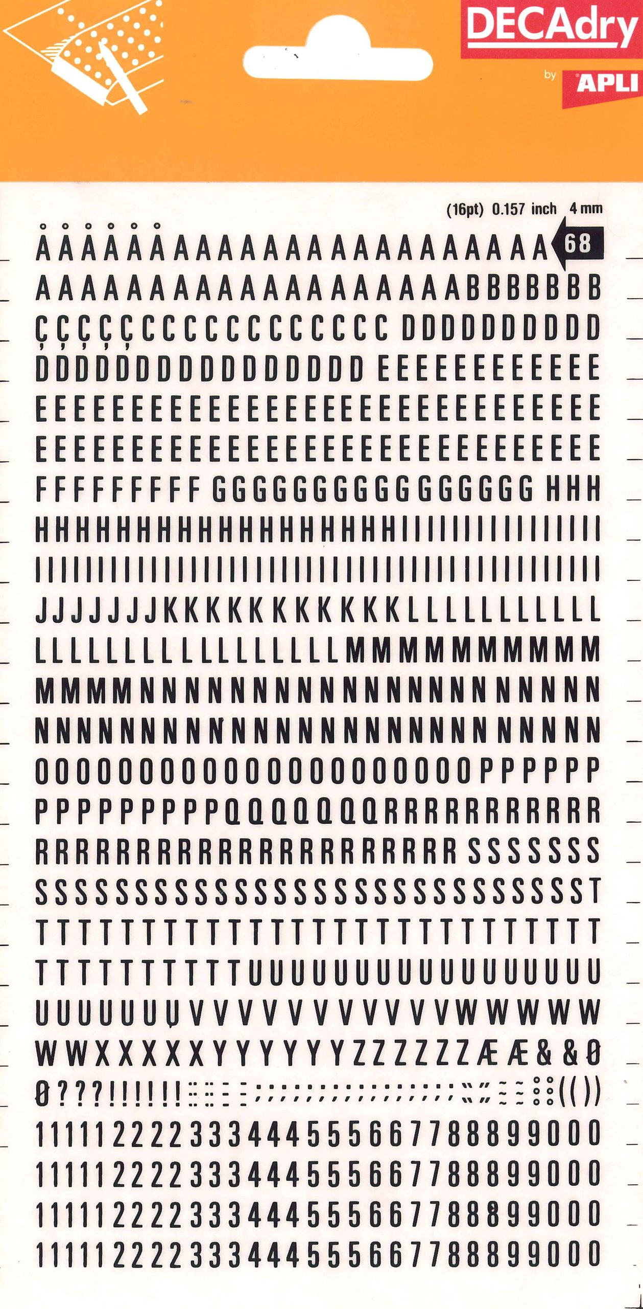 Apli Letras y Numeros Transferibles - 4mm de Tamaño - 792 Caracteres - Faciles de Aplicar y Remover - Negros