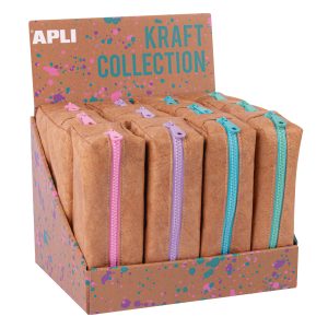 Apli Kraft Collection Expositor de 12 Estuches Compactos con Cremallera de Colores Pastel - Estuches de 185x75x55mm con Gran Capacidad, Flexibilidad y Resistencia - Cremallera Esmaltada, Facil de Limpiar y Resistente al Agua