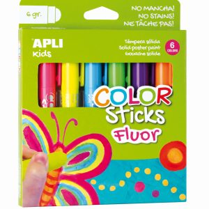 Apli Color Sticks Temperas Solidas Fluorescentes - Pack 6 Unidades de 6g - Acabado Satinado sin Necesidad de Barniz - Secado Rapido en Menos de 3 Minutos - Efecto Cera o Tempera Segun la Presion