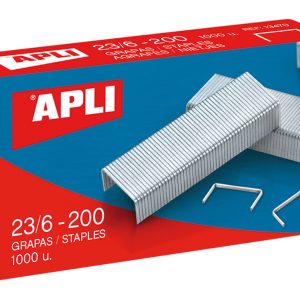 Apli Grapas Galvanizadas 23/6 - 200 - Acabado Plata Brillante - Diametro Ø 0.53mm - Extremos Afilados - Capacidad de Grapado de 20 Hojas - Caja de 1000 Grapas
