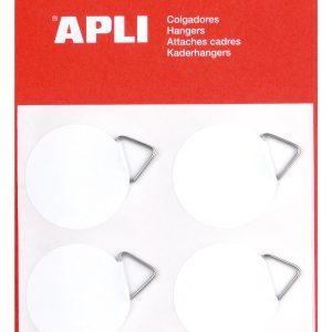 Apli Pack de 12 Colgadores Autoadhesivos Redondos Ø 30mm - Triangulo Metalico de Soporte - Base Adhesiva Blanca - Gran Resistencia - Ideal para Fotos, Calendarios y Posteres
