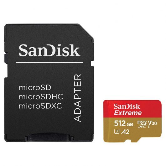 Sandisk Extreme Tarjeta Micro SDXC 512GB UHS-I U3 V30 A2 Clase 10 160MB/s + Adaptador SD