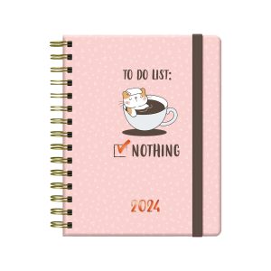 Dohe Ramdom Cats Agenda Anual - Semana Vista - Wire?o Metalico Color Oro - Cierre con Goma Elastica - Tamaño 15x21cm